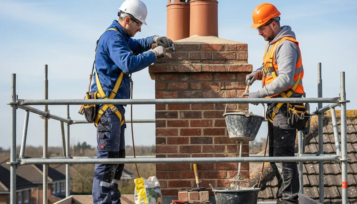 Raleigh, NC chimney repair crew restoring cracked mortar and storm-damaged brick on a home