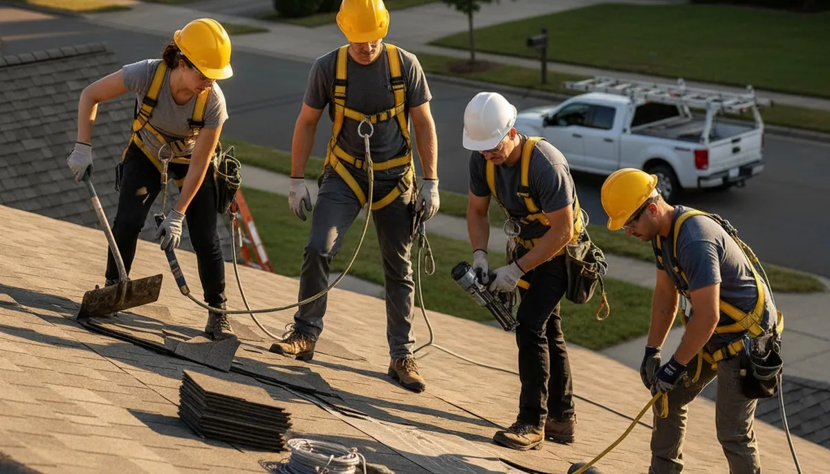 Roof repair team in Raleigh, NC replacing damaged shingles for a siding and exterior home service project